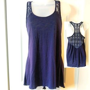 Navy Blue Flowy Tank w Crochet Straps & Back